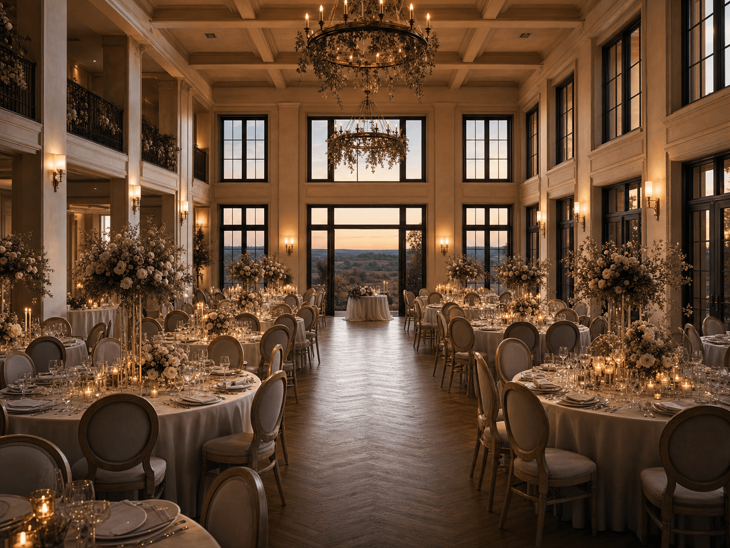Candlelit grand ballroom prepared for a wedding dinner