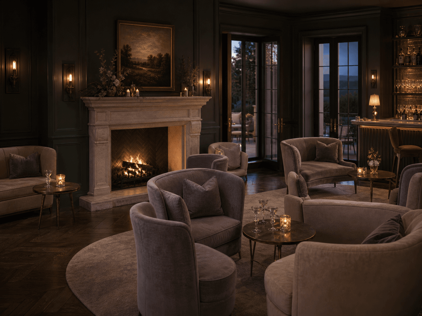 Intimate dark green cocktail lounge with a limestone fireplace