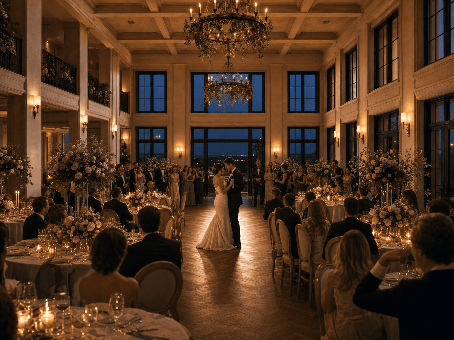 A first dance in a candlelit event hall